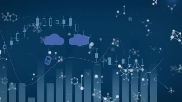 Animación Nubes Con Iconos Moléculas Sobre Grafo Negocio Global Procesamiento — Vídeo de stock