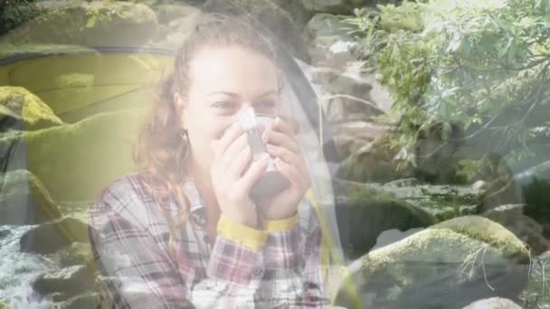 Animation Caucasian Woman Drinking Tea Tent River Rocks Leisure Holiday — 图库视频影像