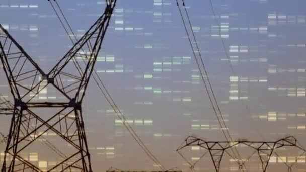 Animación Columnas Móviles Sobre Paisaje Con Pilones Eléctricos Conexiones Globales — Vídeo de stock