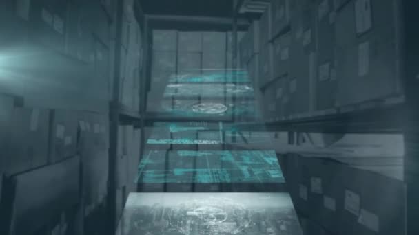 倉庫上の画面上の多様なデータのアニメーション 世界的なビジネス テクノロジーの概念がデジタルで生成されたビデオ — ストック動画