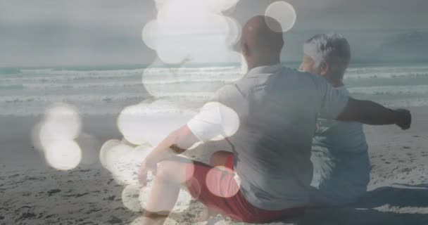 Animation Happy Senior African American Couple Embracing Beach Sea Leisure — Video Stock