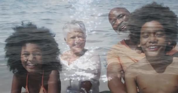 Animation Happy African American Family Sitting Beach Sea Έννοια Της — Αρχείο Βίντεο