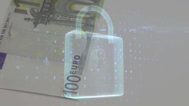 Animering Nummer Och Säkerhetshänglås Över Fallande Eurosedlar Globalt Finanssäkerhetskoncept Digitalt — Stockvideo