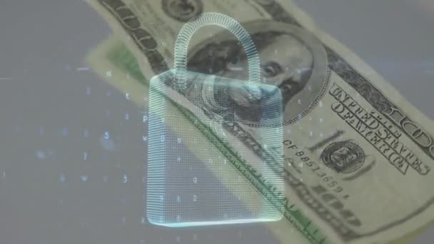 Animação Números Cadeado Segurança Sobre Queda Notas Dólar Conceito Segurança — Vídeo de Stock