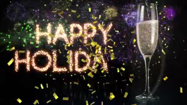 花火とシャンパンのグラスを背景に 新年の挨拶のアニメーション 新しい年の大晦日のパーティーやお祭りやお祝いのコンセプトをデジタルで生成したビデオ — ストック動画