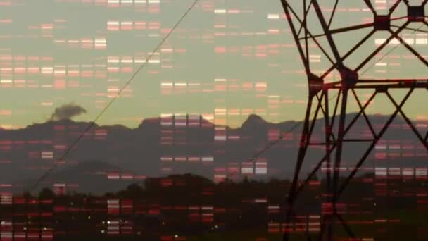 Κινούμενα Σχέδια Κιόνων Πάνω Από Τοπίο Ηλεκτρικό Πυλώνα Παγκόσμιες Συνδέσεις — Αρχείο Βίντεο