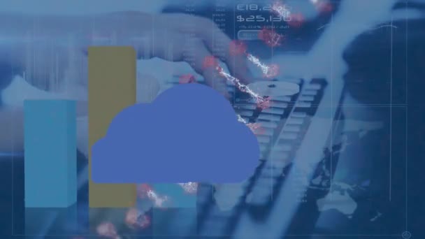 Animação Nuvens Com Ícones Sobre Gráfico Fio Dna Processamento Dados — Vídeo de Stock