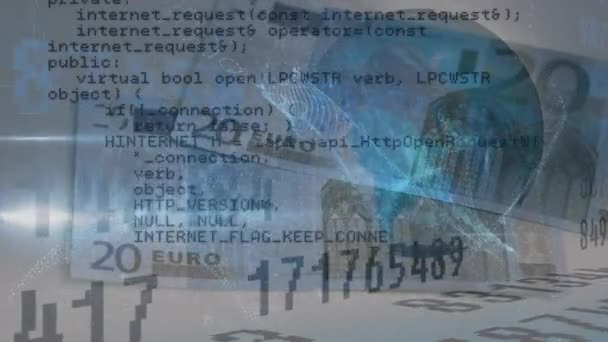 Animace Čísel Zpracování Dat Přes Eurobankovky Globální Koncepce Zabezpečení Financí — Stock video