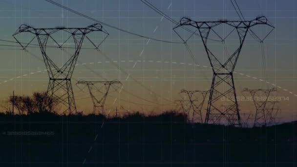 Animación Del Procesamiento Datos Sobre Paisaje Con Torres Eléctricas Conexiones — Vídeo de stock
