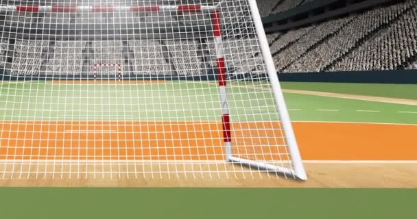 競技場の上にボールを投げる白人女性ハンドボール選手のアニメーション グローバルスポーツと健康的なライフスタイルのコンセプトをデジタルで — ストック動画