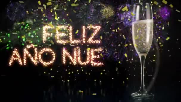 Animation Happy New Year Greetings Fireworks Glass Champagne Background New — Stock Video