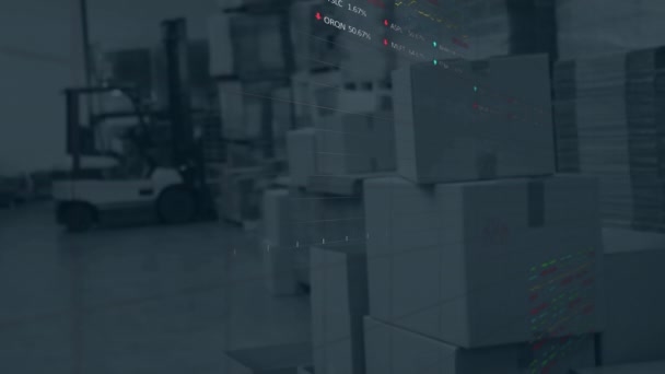 倉庫上の財務データのアニメーション 世界的なビジネス テクノロジーの概念がデジタルで生成されたビデオ — ストック動画
