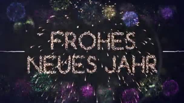 黒い背景に金花火の上に幸せな新年のテキストのアニメーション お祝いパーティー伝統季節のイベントコンセプトデジタルで生成されたビデオ — ストック動画