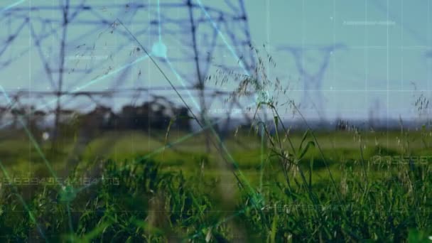 Animatie Van Informatica Vierkant Het Landschap Met Elektriciteit Pylonen Mondiale — Stockvideo