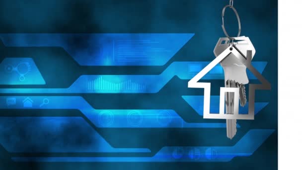 在蓝色背景的蓝色计算机电路板上动画银色房子钥匙雾和钥匙 以数码方式产生的财产和住房所有权概念 — 图库视频影像