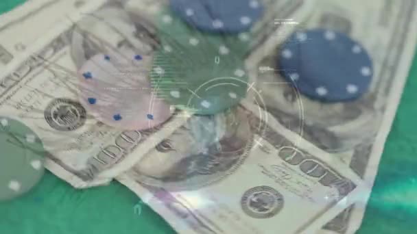 Animación Diversos Datos Ojo Sobre Billetes Fichas Dólares Giratorios Seguridad — Vídeos de Stock