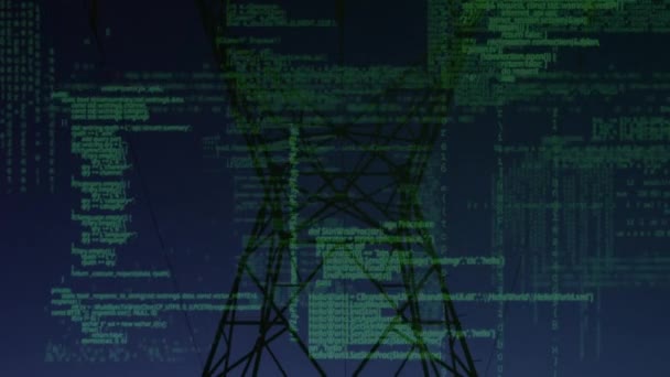Animación Del Procesamiento Datos Sobre Paisaje Con Pilón Electricidad Conexiones — Vídeo de stock
