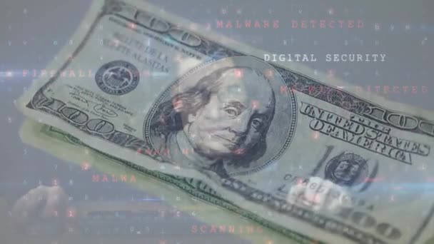 ドル紙幣の下落による数字とハッカーのアニメーション 世界の金融安全保障の概念はデジタルで — ストック動画