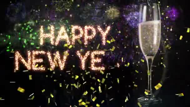 Animation Happy New Year Greetings Fireworks Glass Champagne Background New — Stock Video