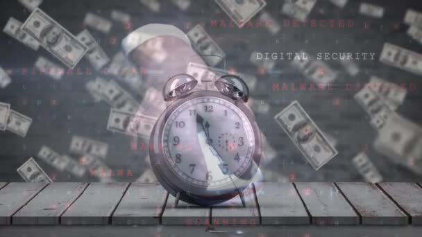 Animación Números Mano Reloj Sobre Caída Billetes Dólar Concepto Seguridad — Vídeos de Stock