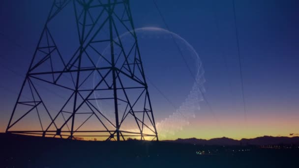 Animation Circle Landscape Electricity Pylon Global Connections Technology Data Processing — Stock Video