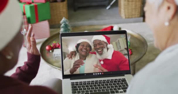 Zróżnicowane Starsze Przyjaciółki Korzystające Laptopa Boże Narodzenie Rozmowy Wideo Szczęśliwą — Wideo stockowe
