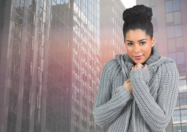 Composite Image Portrait African American Woman Sweater Tall Buildings Winter — Stockfoto