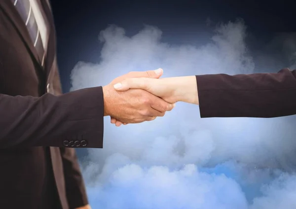 Mid Section Businessman Businesswoman Shaking Hands Clouds Sky Global Business — Stock Photo, Image