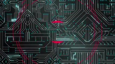 Bütünleşik devre üzerindeki kırmızı dairelerin animasyonu. Ağlar, bilgisayarlar, dijital arayüz ve teknoloji konsepti dijital olarak oluşturulmuş video.