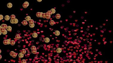 Siyah arka plan üzerinde yüzen emojilerin ve kalplerin animasyonu. Sosyal medya, teknoloji ve iletişim konsepti dijital olarak oluşturulmuş video.