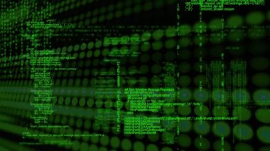 Yeşil noktalı siyah arka planda yeşil ile veri işleme animasyonu. veri işleme, bilgisayarlar dijital arayüz ve teknoloji konsepti dijital olarak oluşturulmuş video.