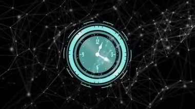 Siyah arkaplanda hareket eden bağlantı ve saat ağının animasyonu. küresel bağlantılar, veri işleme ve dijital arayüz konsepti dijital olarak oluşturulmuş video.