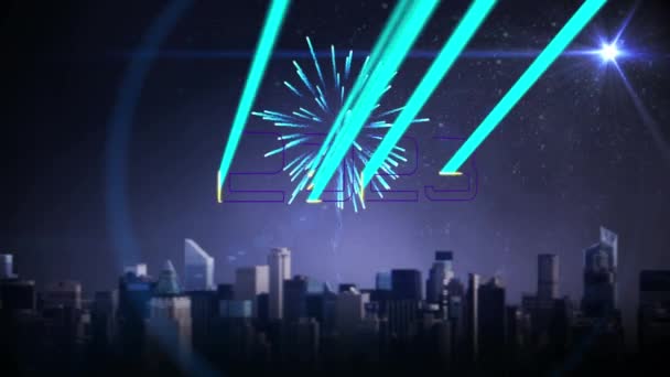 2023年のアニメーション都市や花火の上にテキスト 大晦日パーティーやお祝いのコンセプトデジタル生成されたビデオ — ストック動画