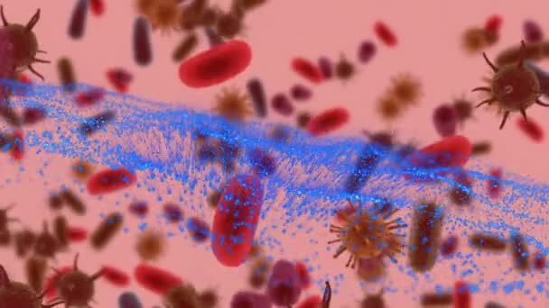 Animatie Van Blauwe Golf Bewegende Cellen Rode Achtergrond Global Medicine — Stockvideo