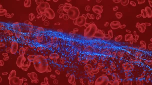 Анимация Синей Волны Над Движущимися Клетками Красном Фоне Мировая Медицина — стоковое видео