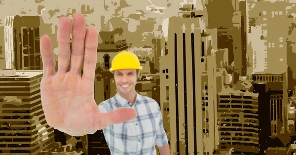 Kompositbild Eines Männlichen Architekten Der Mit Der Hand Ein Stoppschild — Stockfoto