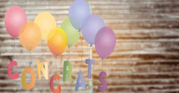 Imagen Generada Digitalmente Texto Felicitaciones Atado Globos Contra Fondo Marrón — Foto de Stock