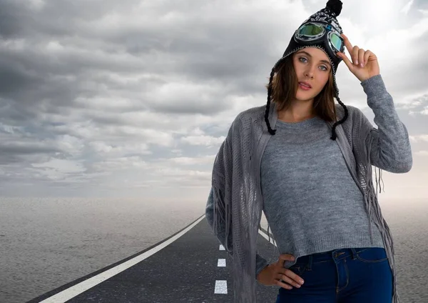 Composite Image Caucasian Woman Wearing Beanie Road Dark Sky Winter — Stockfoto