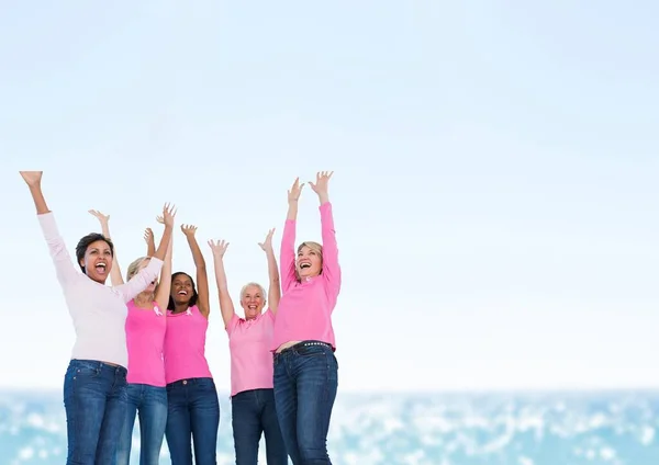 Composite Image Group Diverse Women Wearing Pink Shirts Celebrating Sea — Foto Stock