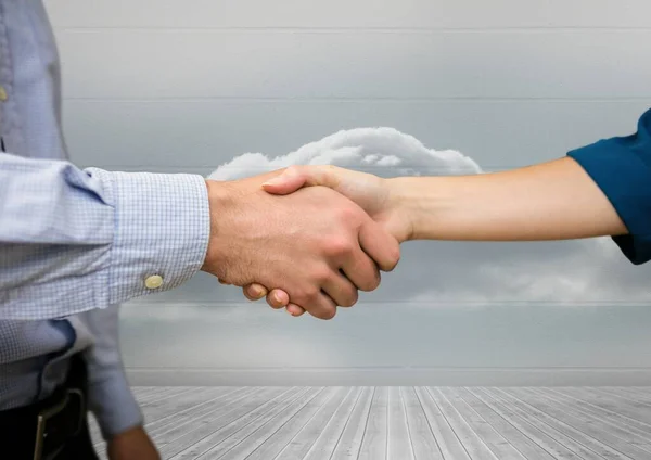 Mid Section Businessman Businesswoman Shaking Hands Clouds Sky Global Business — Stock Photo, Image