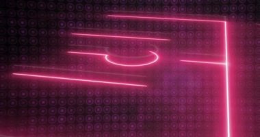 Siyah arka planda pembe daireler üzerinde neon spor stadyumunun animasyonu. global spor ve dijital arayüz konsepti dijital olarak oluşturulmuş video.