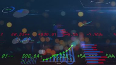 Bulanık şehir ışıkları üzerinde borsa verilerinin animasyonu. küresel iş, finans ve bağlantılar konsepti dijital olarak oluşturulmuş video.
