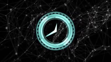 Siyah arkaplanda hareket eden bağlantı ve saat ağının animasyonu. küresel bağlantılar, veri işleme ve dijital arayüz konsepti dijital olarak oluşturulmuş video.