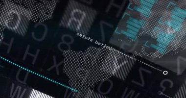 Finansal grafiğin karanlık arka plandaki veri işleme üzerindeki animasyonu. küresel bağlantılar, iş dünyası, dijital arayüz, teknoloji ve ağ konsepti dijital olarak oluşturulmuş video.