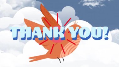 Teşekkür mesajının animasyonu bulutlu kuş ve gökyüzü üzerinde. küresel sosyal medya, bağlantılar ve dijital arayüz konsepti dijital olarak oluşturulmuş video.