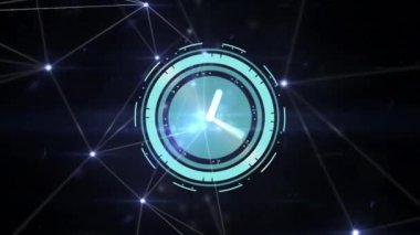 Siyah arkaplanda hareket eden bağlantı ve saat ağının animasyonu. küresel bağlantılar, veri işleme ve dijital arayüz konsepti dijital olarak oluşturulmuş video.