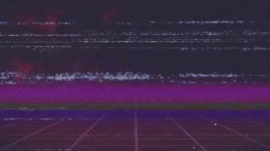 Siyah arkaplandaki neon çizgilerin üzerindeki parazit. küresel dijital arayüz, veri işleme ve teknoloji konsepti dijital olarak oluşturulmuş video.