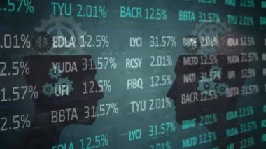 Borsa verilerinin başları, dönen dişlileri ve ampulleri üzerinde animasyonu. küresel iş, finans, dijital arayüz ve teknoloji konsepti dijital olarak oluşturulmuş video.