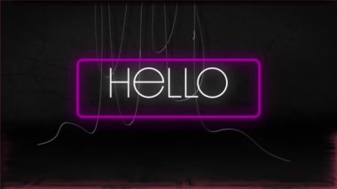 Siyah arkaplandaki beyaz çizgiler üzerinden merhaba mesajı animasyonu. küresel sosyal medya, bağlantılar ve dijital arayüz konsepti dijital olarak oluşturulmuş video.