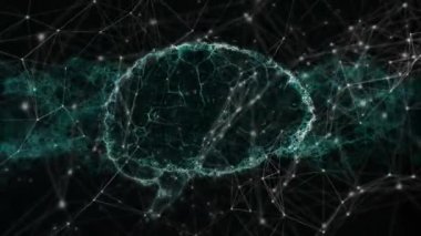 Siyah arkaplan üzerinden bağlantı ağı ve dijital beyin animasyonu. küresel bağlantılar, veri işleme ve dijital arayüz konsepti dijital olarak oluşturulmuş video.